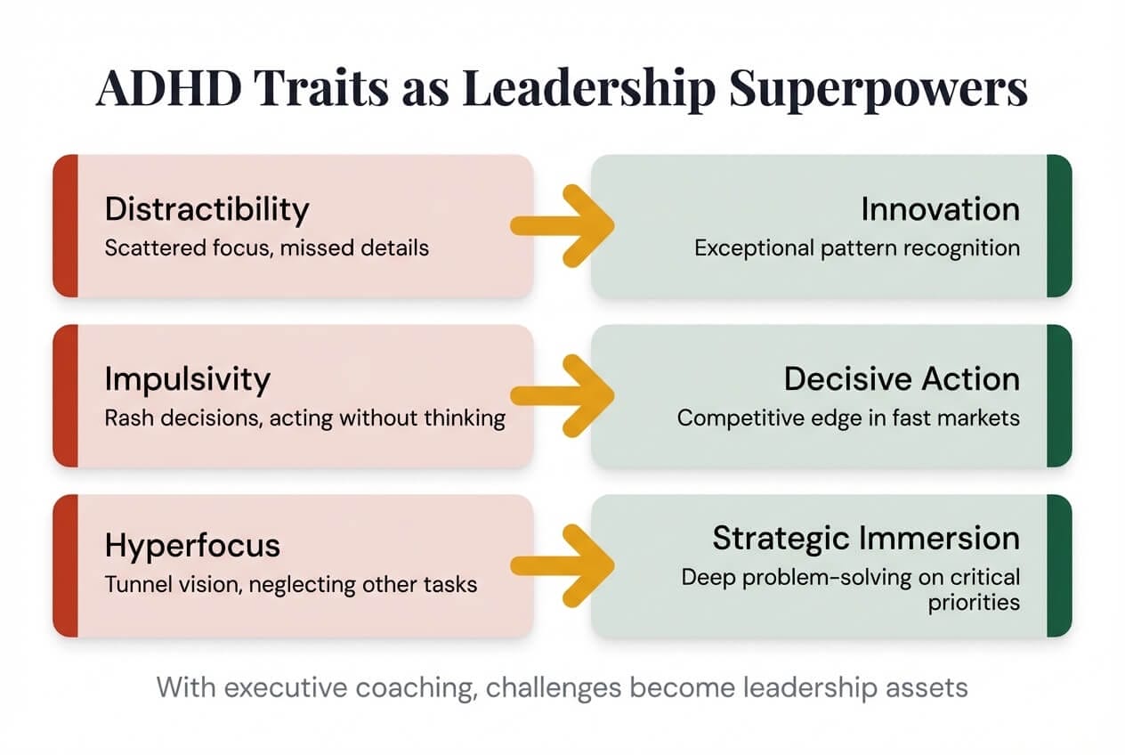 ADHD traits as leadership superpowers: distractibility transforms to innovation, impulsivity to decisive action, and hyperfocus to strategic immersion through executive coaching