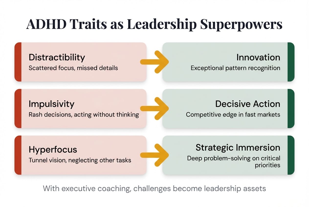 ADHD traits as leadership superpowers: distractibility transforms to innovation, impulsivity to decisive action, and hyperfocus to strategic immersion through executive coaching