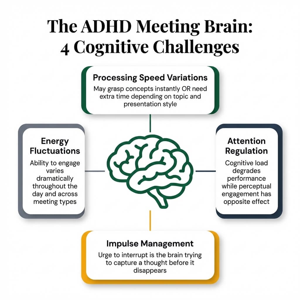 The ADHD meeting brain showing four cognitive challenges: processing speed variations, attention regulation, energy fluctuations, and impulse management