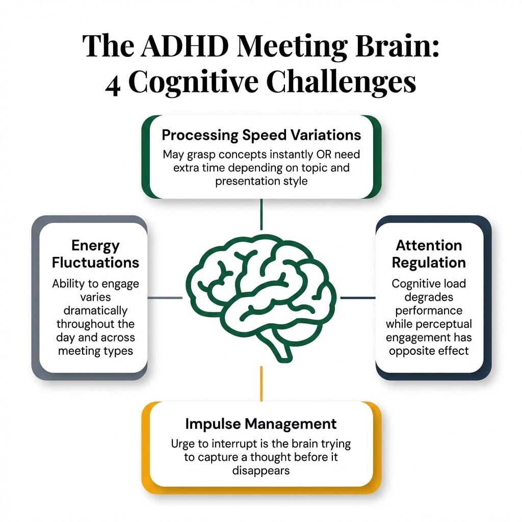 The ADHD meeting brain showing four cognitive challenges: processing speed variations, attention regulation, energy fluctuations, and impulse management