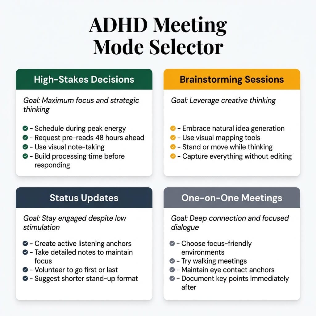 ADHD meeting mode selector showing four meeting types with specific strategies: high-stakes decisions, brainstorming sessions, status updates, and one-on-one meetings