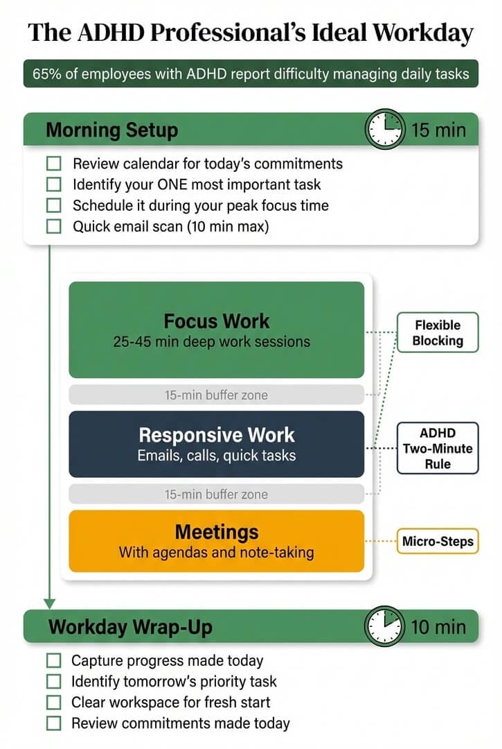 The ADHD professional ideal workday structure showing morning setup, focus work blocks, responsive work, meetings, and evening wrap-up with buffer zones between each