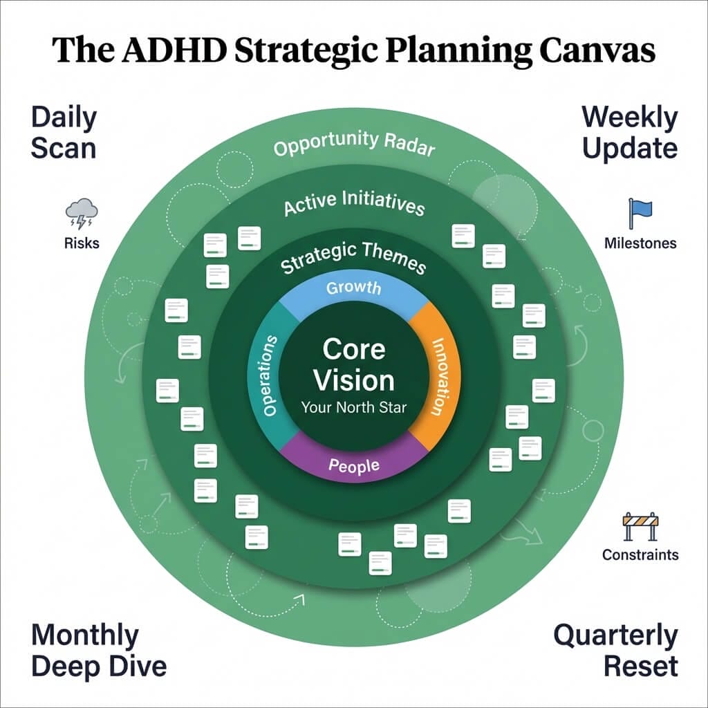 The ADHD strategic planning canvas showing concentric layers from core vision through strategic themes, active initiatives, and opportunity radar with daily, weekly, monthly, and quarterly review cycles