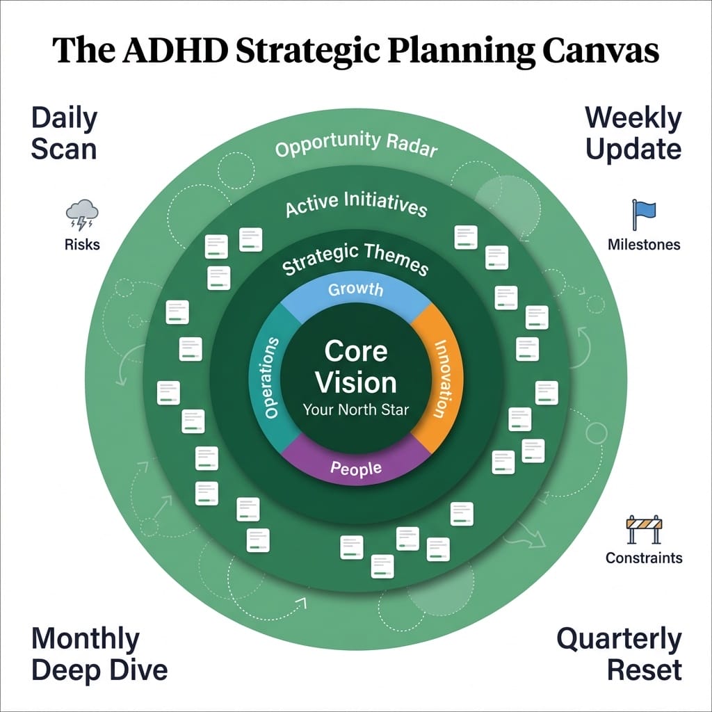 The ADHD strategic planning canvas showing concentric layers from core vision through strategic themes, active initiatives, and opportunity radar with daily, weekly, monthly, and quarterly review cycles