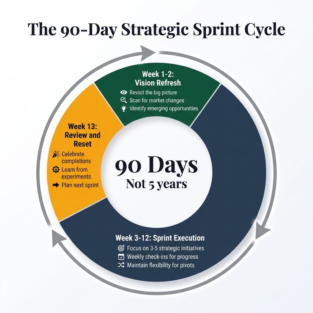 The 90-day strategic sprint cycle for ADHD leaders with three phases: vision refresh in weeks 1-2, sprint execution in weeks 3-12, and review and reset in week 13