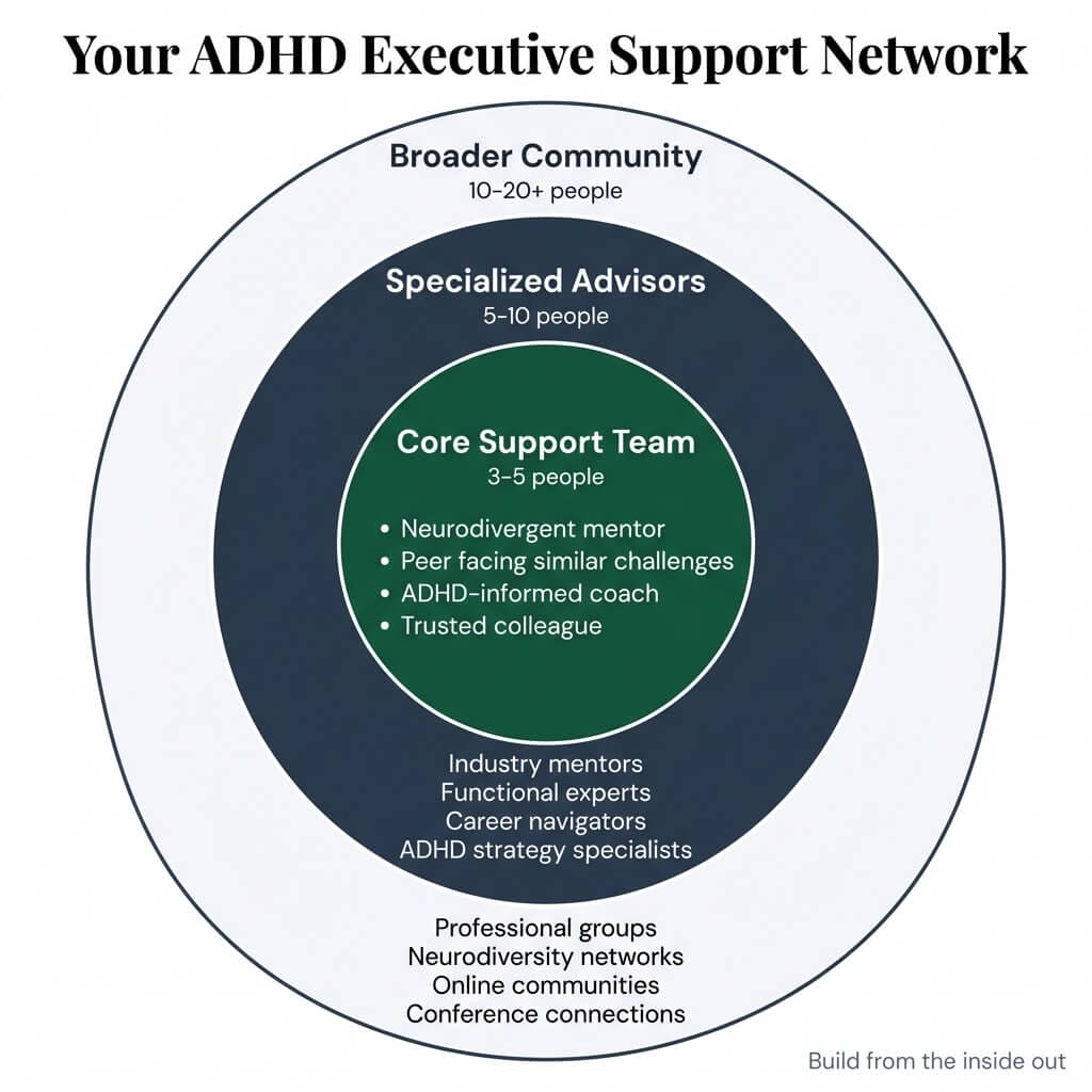 ADHD executive support network map with three concentric circles: core support team of 3-5 people including mentor and coach, specialized advisors of 5-10 people, and broader community of 10-20 plus people