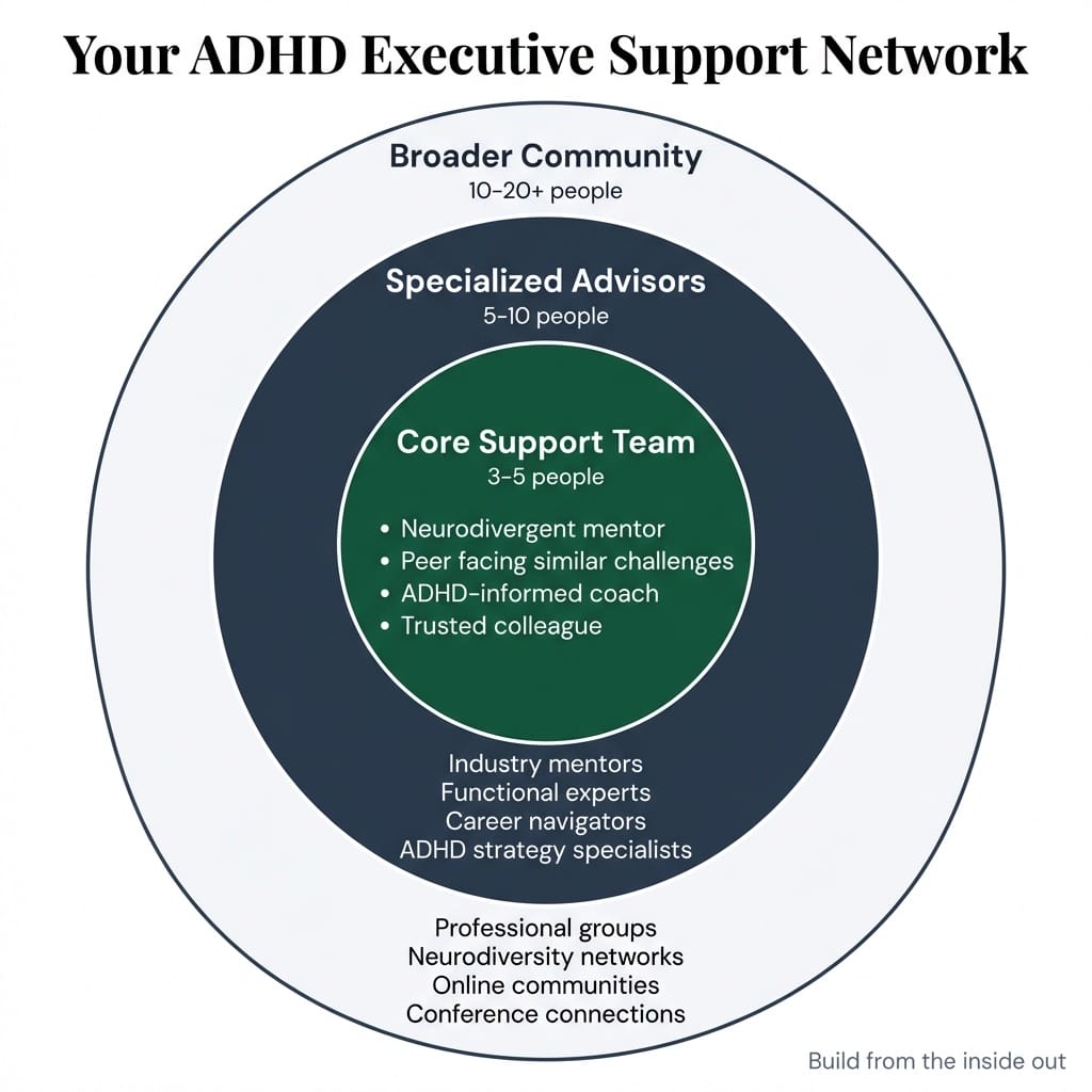 ADHD executive support network map with three concentric circles: core support team of 3-5 people including mentor and coach, specialized advisors of 5-10 people, and broader community of 10-20 plus people