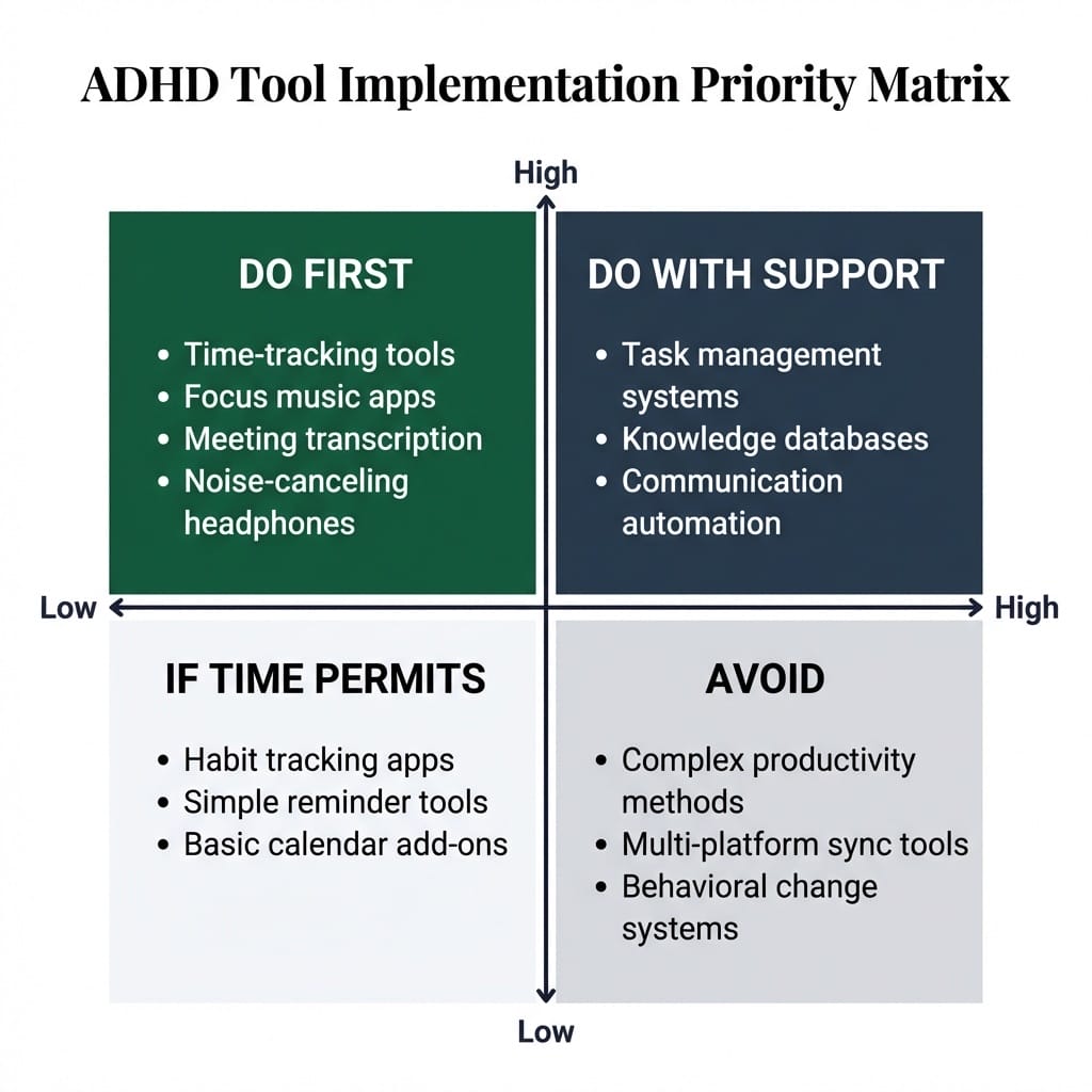 ADHD tool implementation priority matrix with four quadrants: do first for high impact low complexity tools like time-tracking and focus music, do with support for task management systems, if time permits for habit trackers, and avoid for complex multi-platform systems