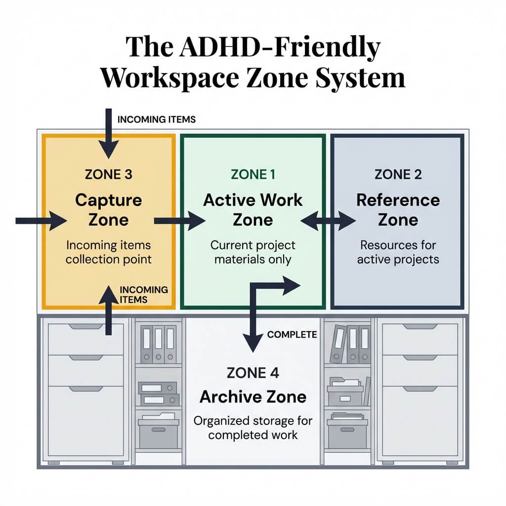 The ADHD-friendly workspace zone system with four zones: capture zone for incoming items on the left, active work zone for current project in the center, reference zone for resources on the right, and archive zone for completed work in drawers
