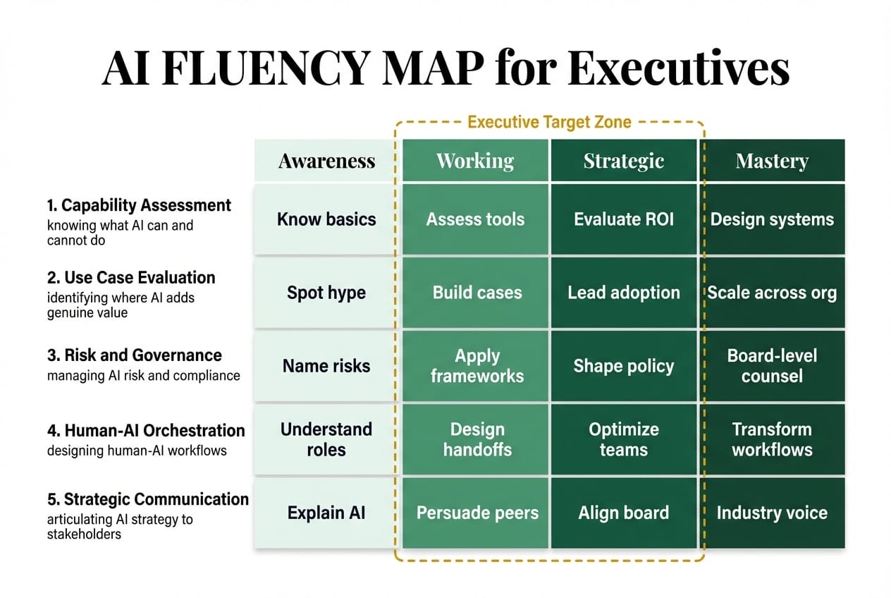 AI FLUENCY MAP matrix showing five executive competencies (Capability Assessment, Use Case Evaluation, Risk and Governance, Human-AI Orchestration, Strategic Communication) across four proficiency levels with Working-to-Strategic target zone highlighted