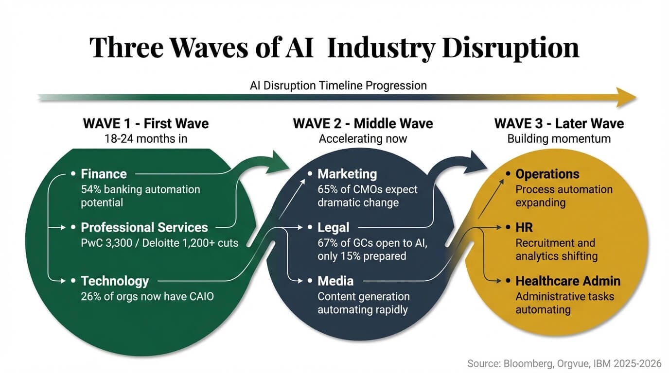 Three waves of AI industry disruption timeline: First Wave (Finance, Professional Services, Tech), Middle Wave (Marketing, Legal, Media), Later Wave (Operations, HR, Healthcare Admin) with key data per sector