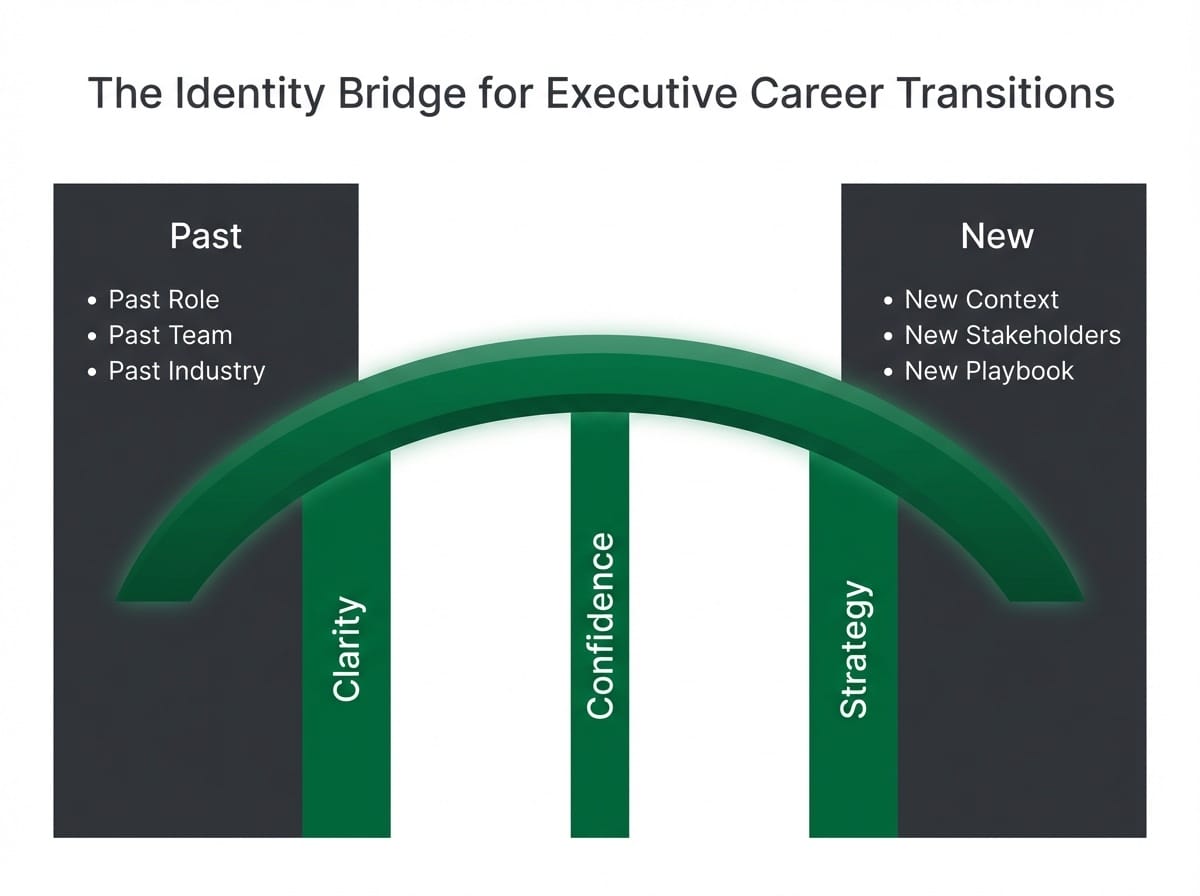 The identity bridge framework showing how executive coaching connects past experience to new role requirements through clarity, confidence, and strategy