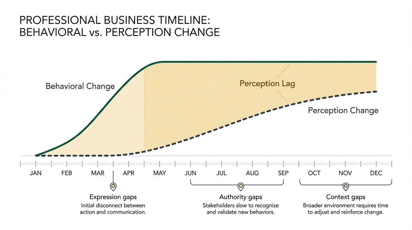 Timeline showing behavioral change in executive presence occurring within weeks while perception change from stakeholders lags by months, with gap-specific closure points