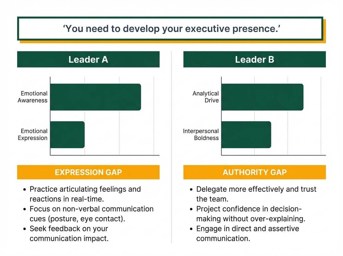 Side-by-side comparison of two leaders with the same executive presence feedback but different assessment gaps: expression gap vs. authority gap, leading to different development pathways