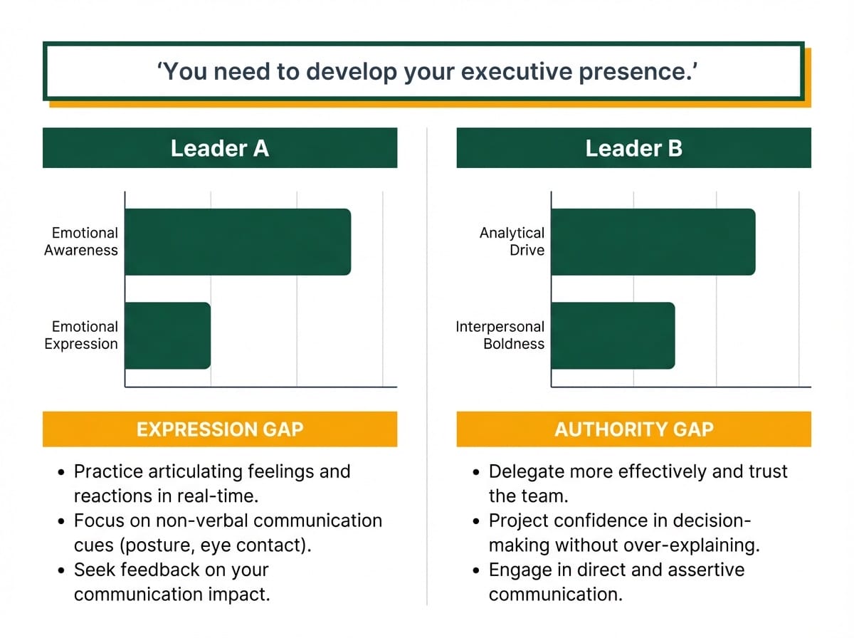 Side-by-side comparison of two leaders with the same executive presence feedback but different assessment gaps: expression gap vs. authority gap, leading to different development pathways