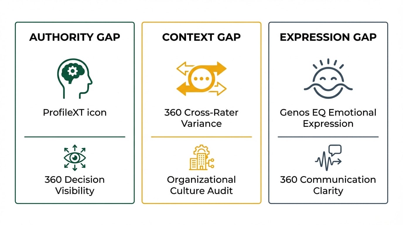 ACE framework showing how three assessment instruments map to Authority, Context, and Expression gaps