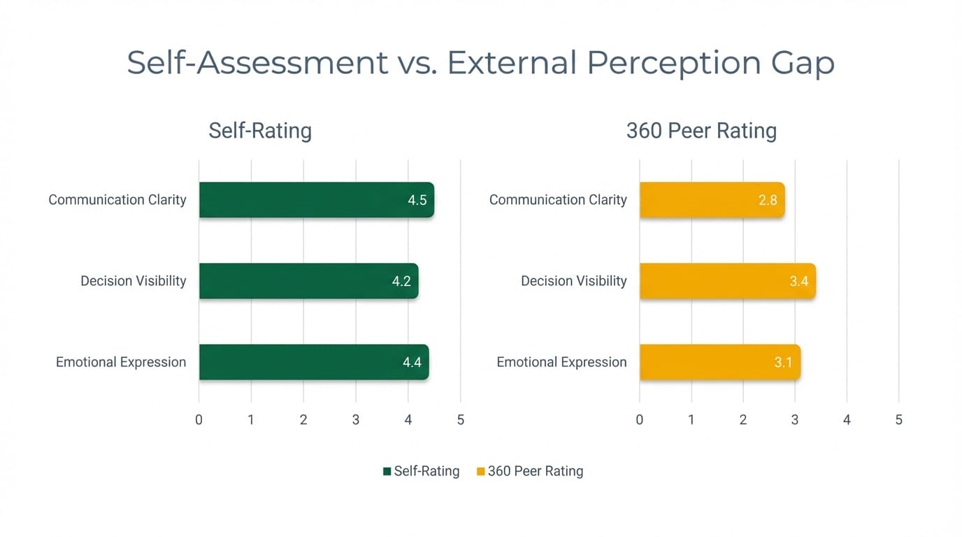 Bar chart showing the gap between executive self-assessment ratings and 360-degree peer ratings across three presence dimensions