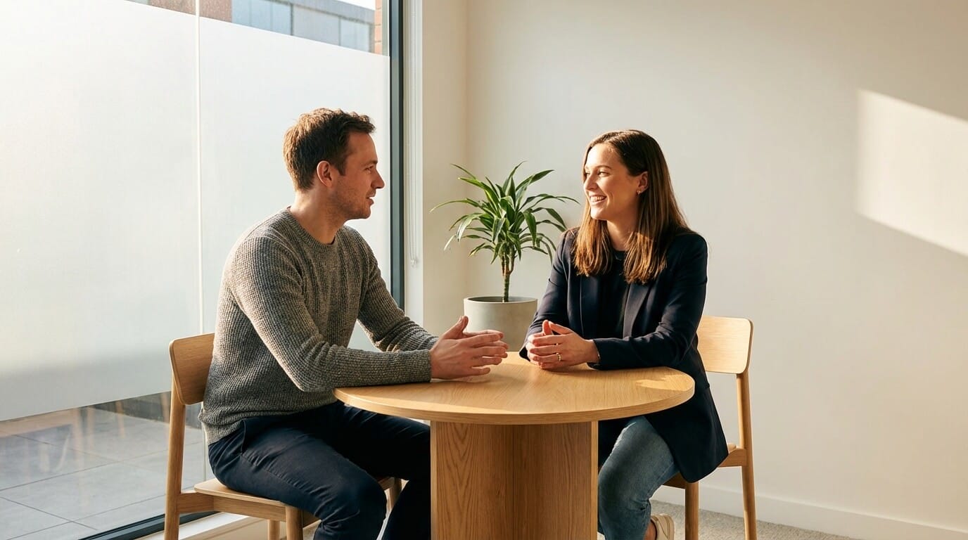 Two professionals in a focused executive presence coaching conversation