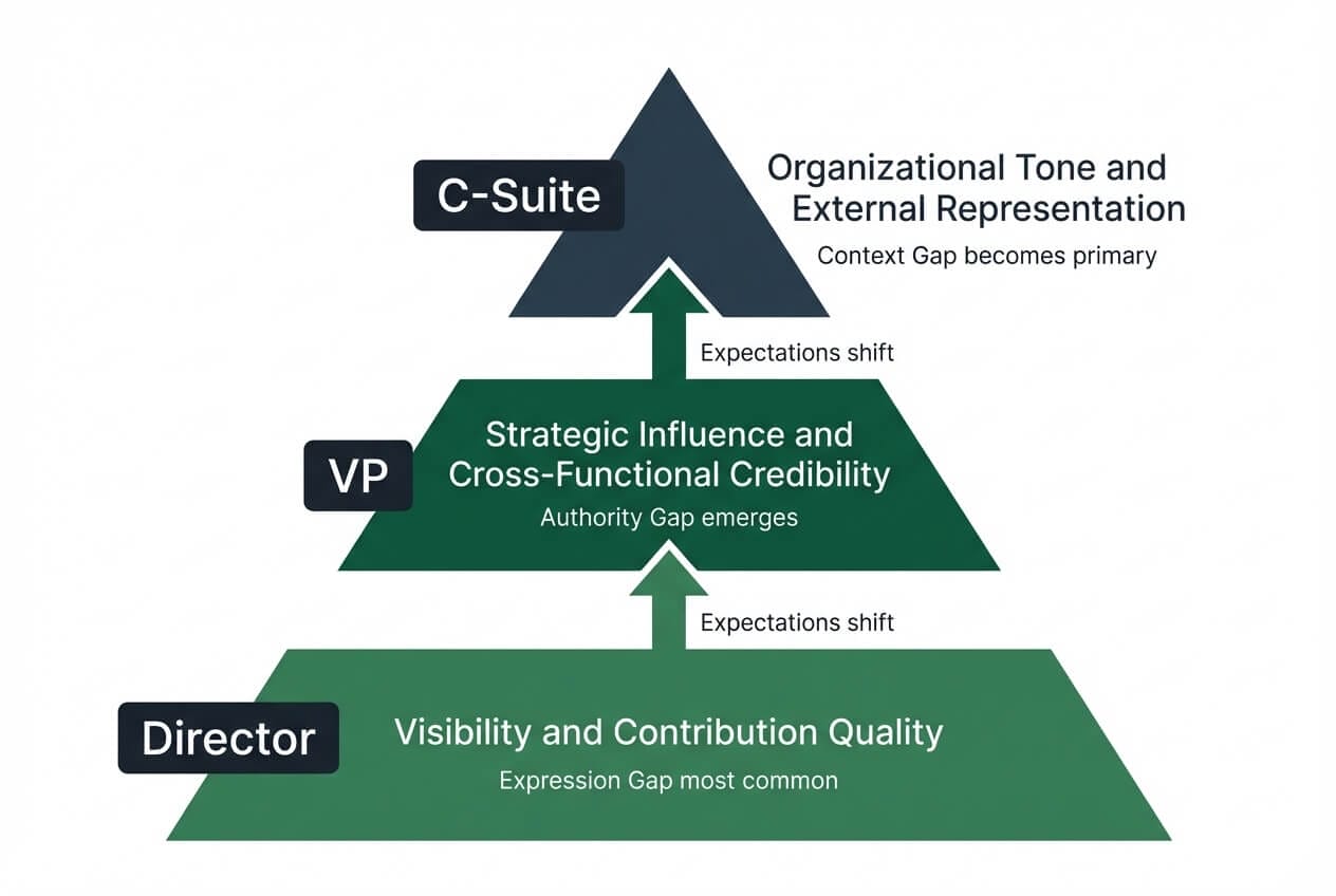 Executive presence expectations across three organizational levels: directors need visibility and contribution quality, VPs need strategic influence and cross-functional credibility, C-suite leaders set organizational tone, with the dominant gap type shifting at each transition.