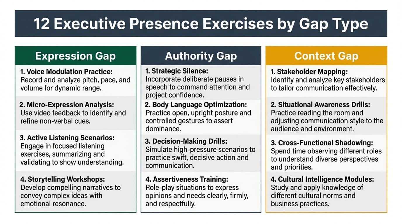 Infographic showing 12 executive presence exercises organized into three gap types: Expression, Authority, and Context
