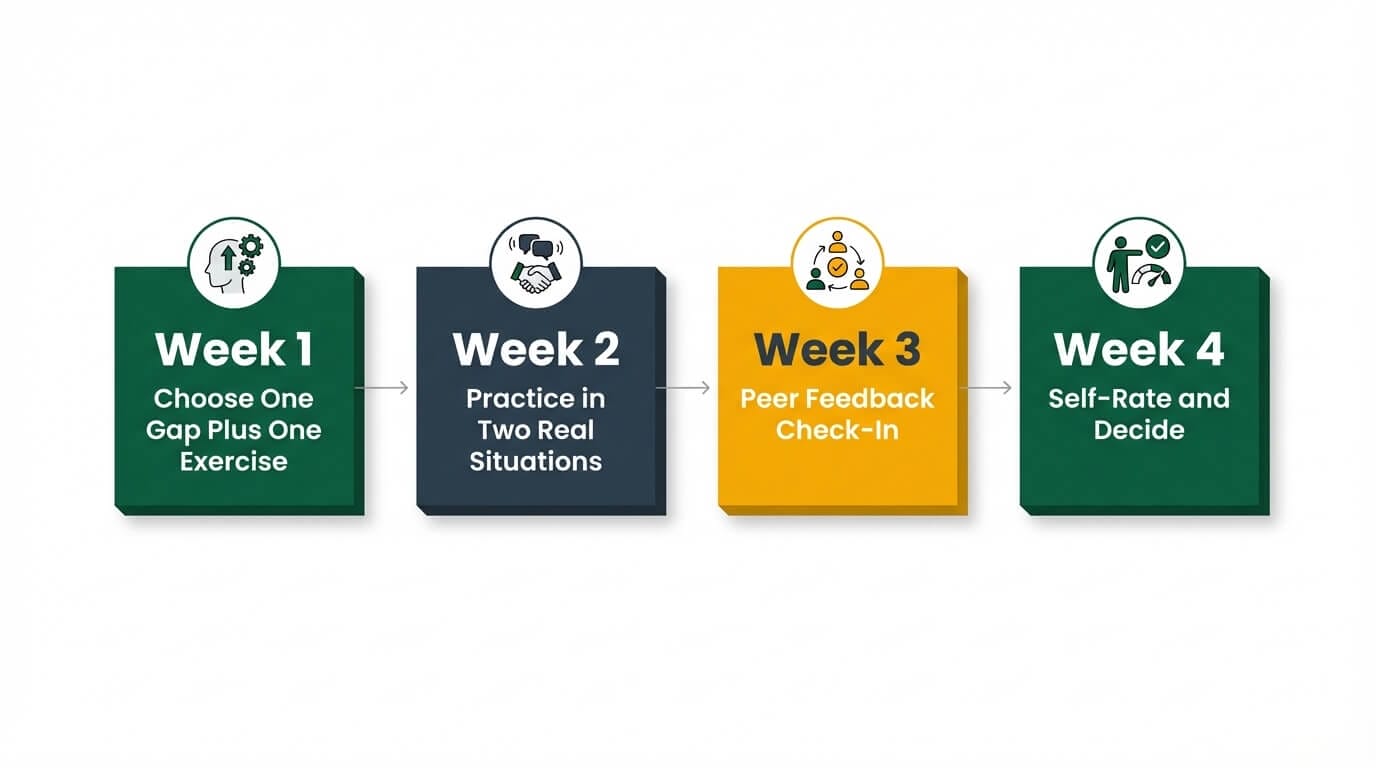 Four-week executive presence exercise routine showing progression from choosing an exercise through practice, feedback, and self-assessment