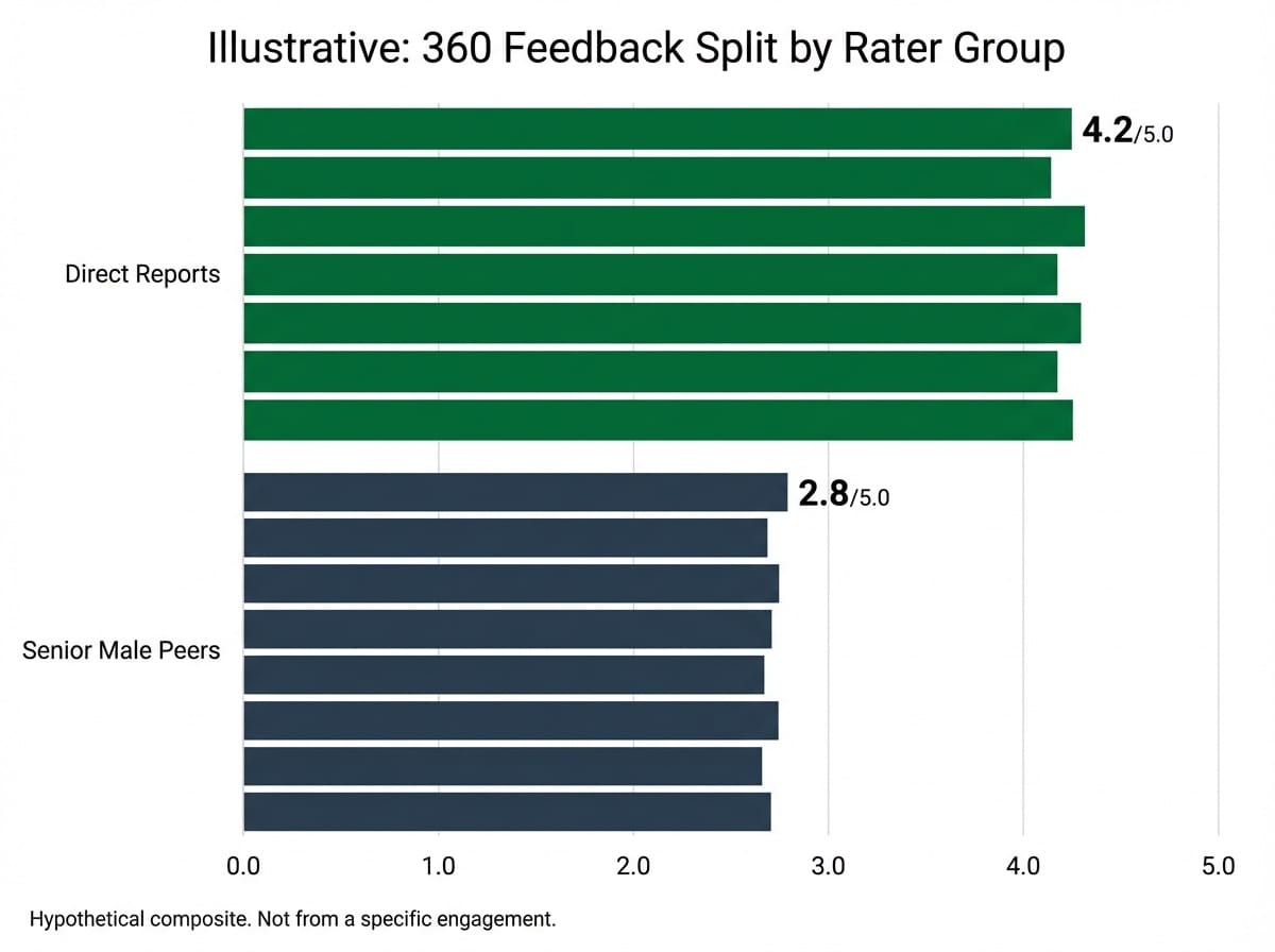 Bar chart showing illustrative 360-degree feedback disparity between direct reports and senior male peers for the same woman leader