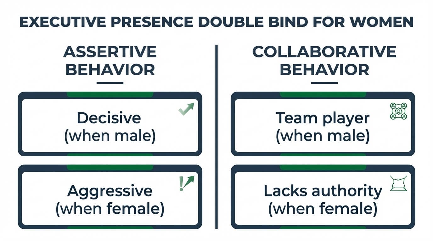 Double bind diagram showing how the same leadership behavior receives different labels depending on the gender of the leader