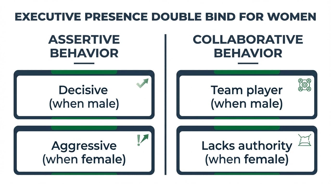 Double bind diagram showing how the same leadership behavior receives different labels depending on the gender of the leader