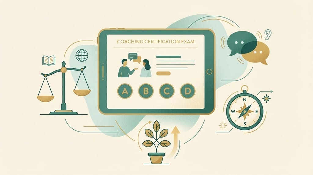 ICF credentialing exam practice questions illustration showing a coaching scenario with four response options A B C D surrounded by competency icons for ethics, listening, presence, and client growth