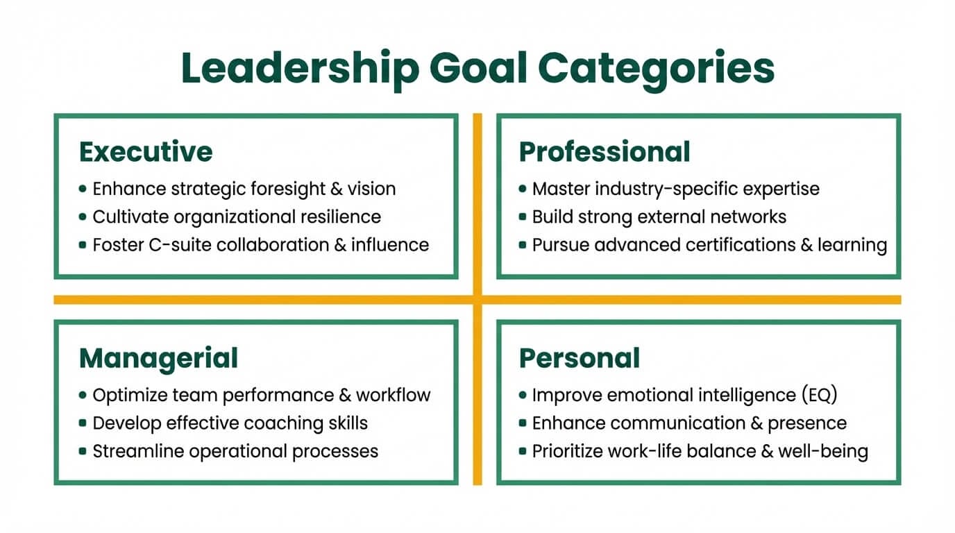 Leadership development goal categories matrix showing executive, professional, managerial, and personal goal examples