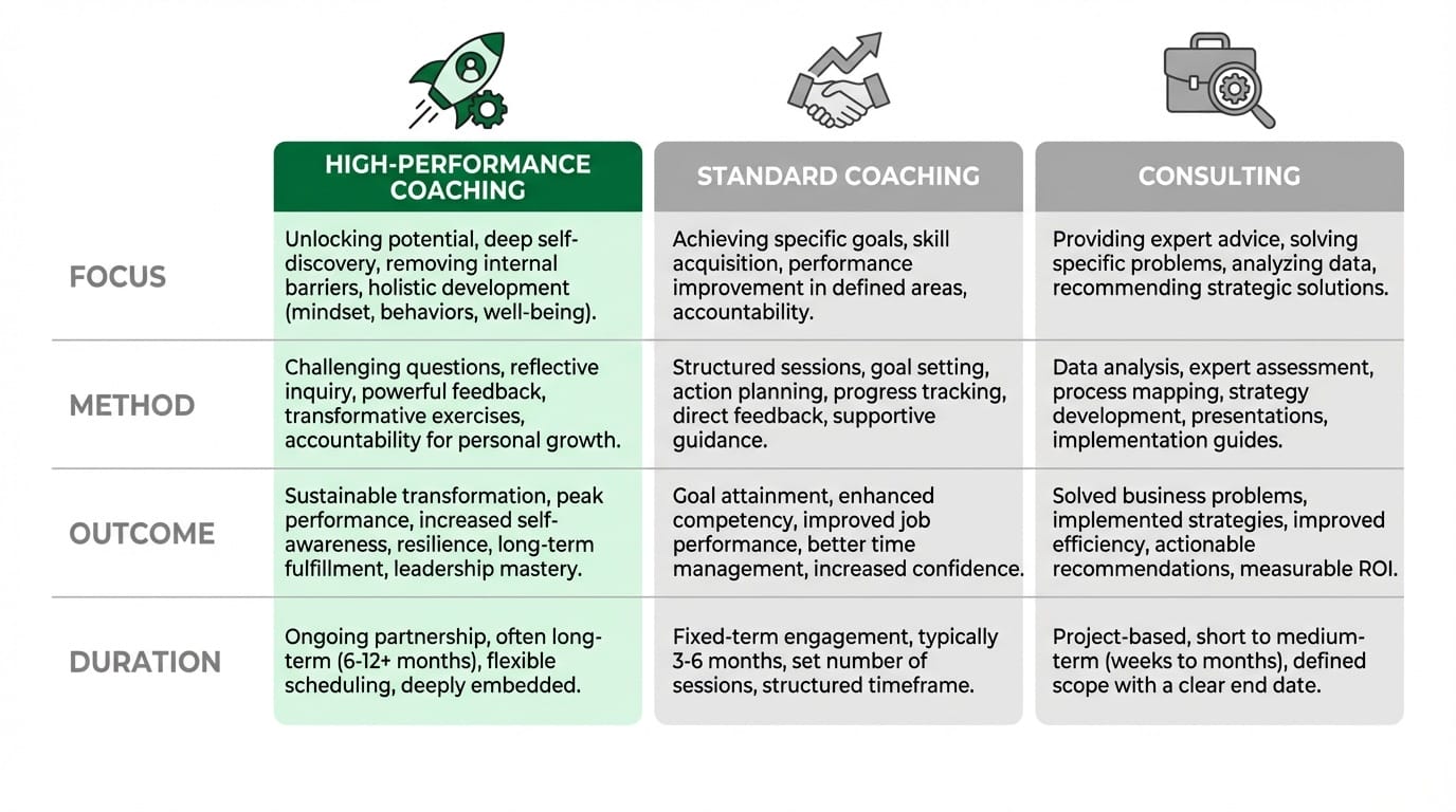 Comparison of high-performance coaching, standard coaching, and consulting approaches