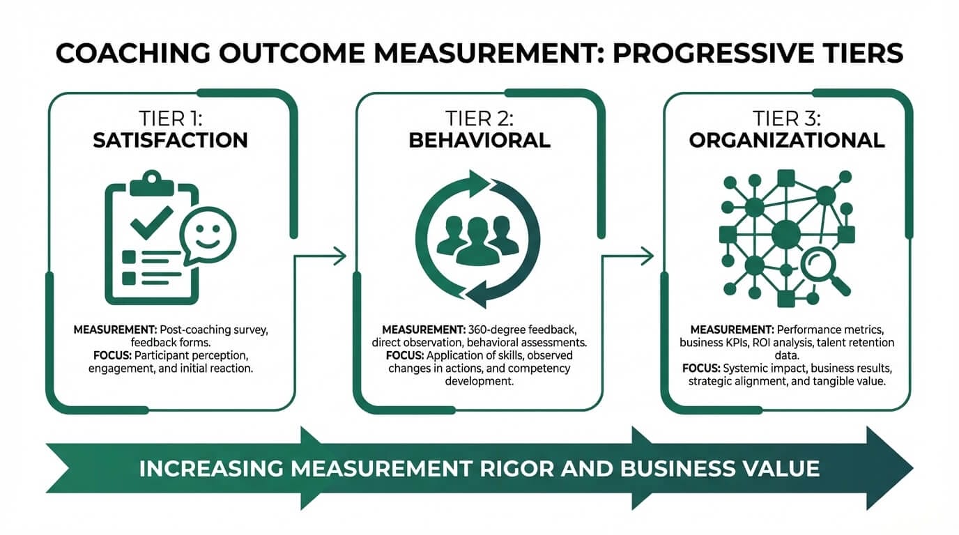 Three categories of executive coaching outcomes: satisfaction, behavioral, and organizational