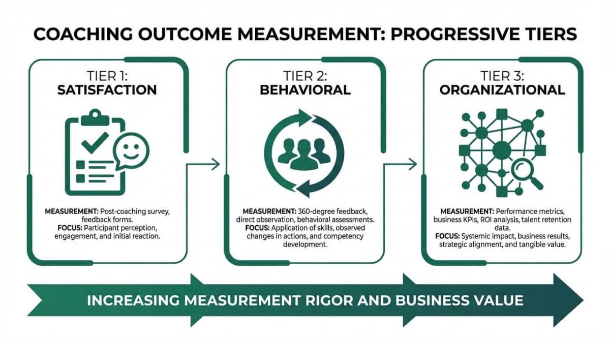 Three categories of executive coaching outcomes: satisfaction, behavioral, and organizational