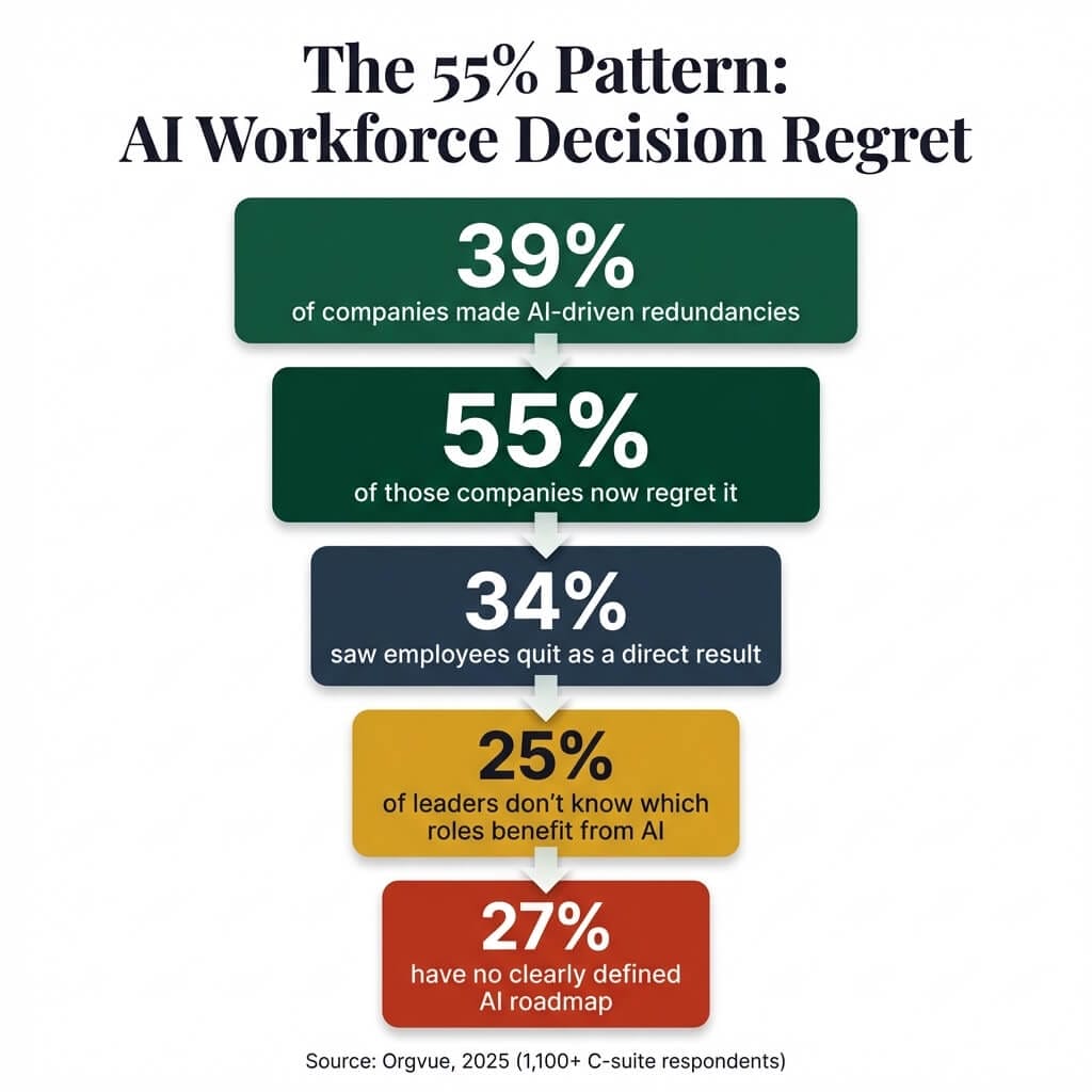 The 55% Pattern infographic: 39% of companies made AI-driven redundancies, 55% regret it, 34% saw employees quit, 25% of leaders don't know which roles benefit, 27% have no AI roadmap