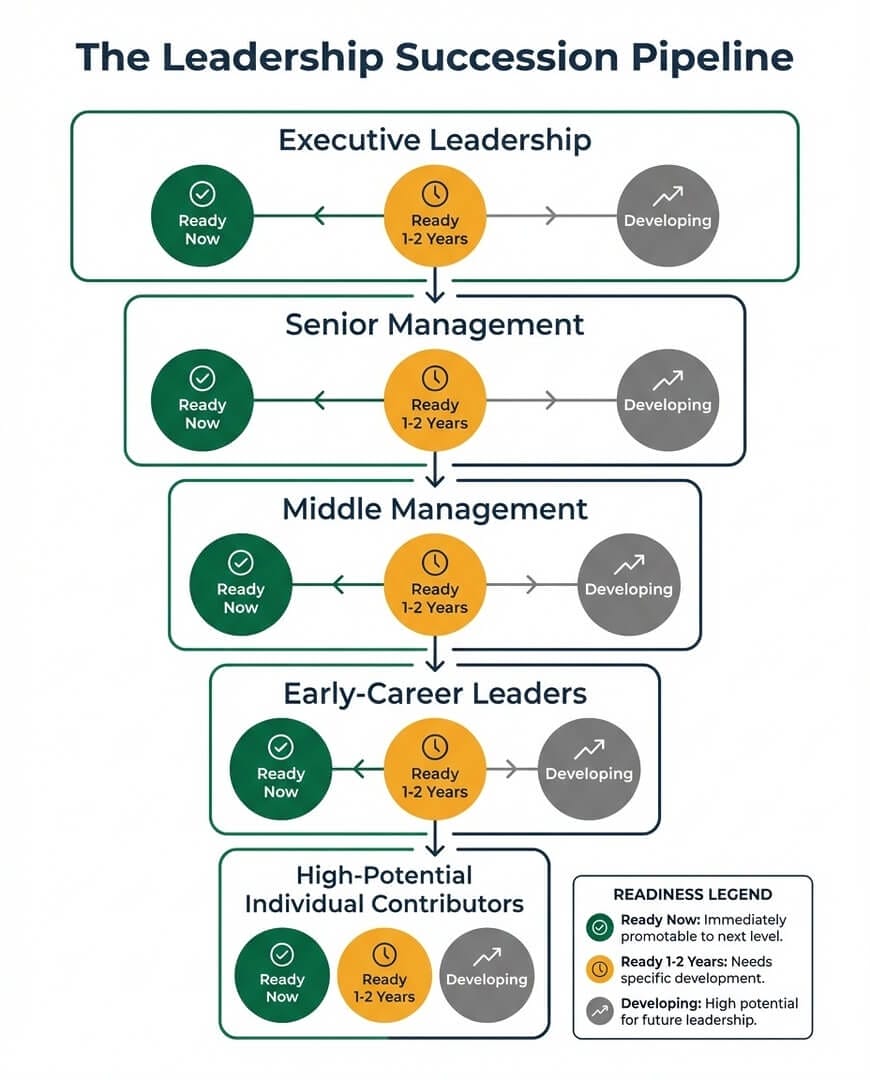 Leadership succession pipeline diagram showing five organizational levels with readiness indicators for succession planning bench strength.
