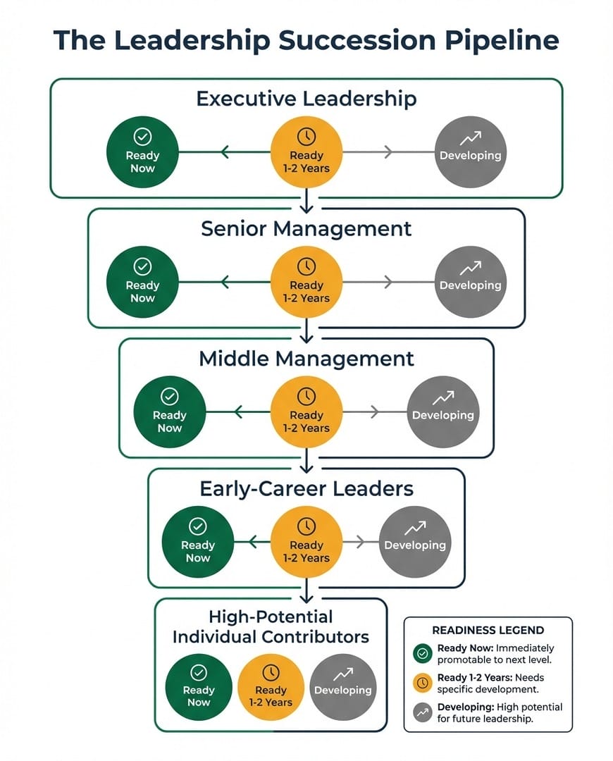 Leadership succession pipeline diagram showing five organizational levels with readiness indicators for succession planning bench strength.
