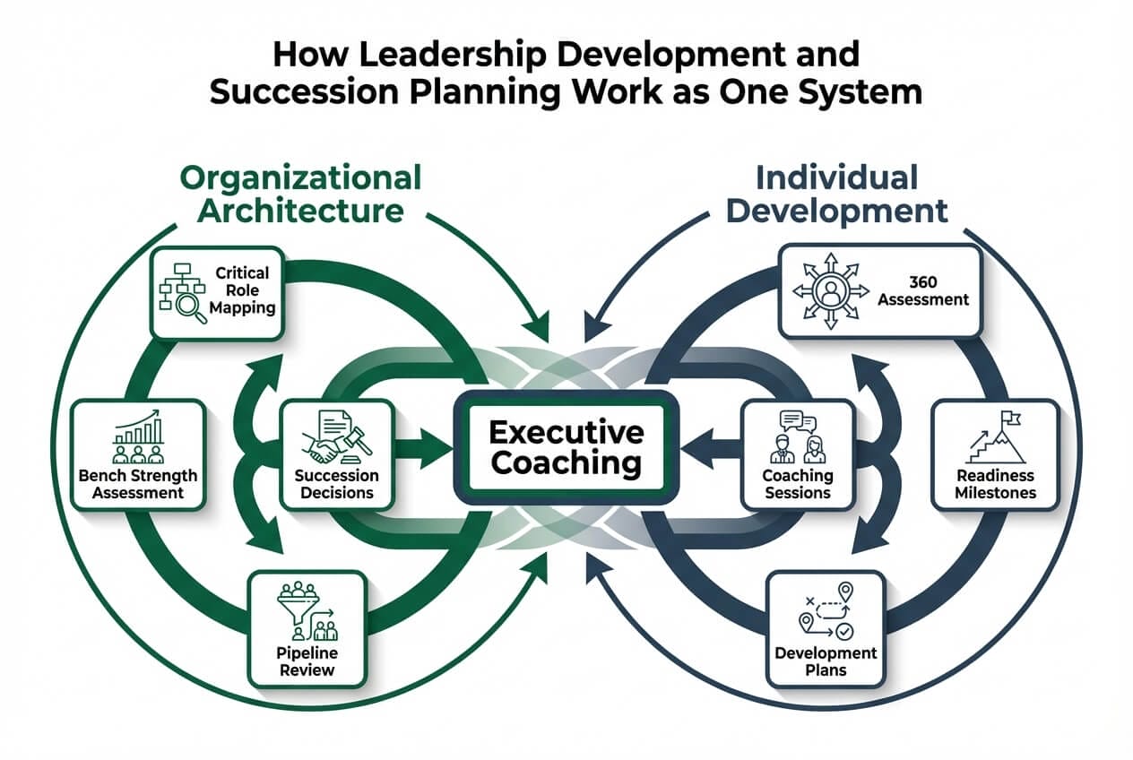Diagram showing the integrated system between organizational succession planning and individual leadership development, connected by executive coaching as the integration mechanism.