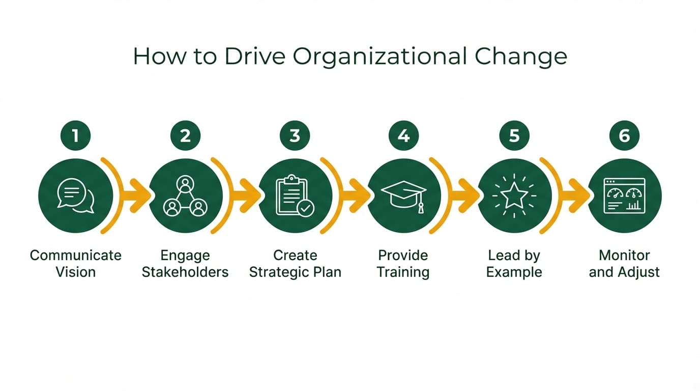 Infographic showing the 6-step process for driving organizational change: Communicate Vision, Engage Stakeholders, Create Strategic Plan, Provide Training, Lead by Example, Monitor and Adjust.