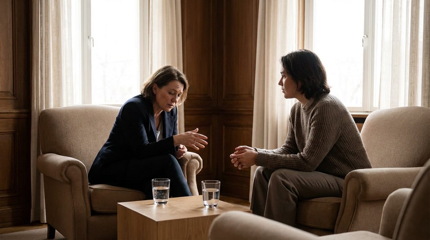 An executive and a coach in a private coaching session, seated across from each other in a quiet, naturally lit room