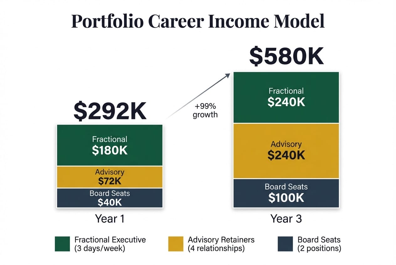 Portfolio career income model comparing Year 1 ($292K from fractional, advisory, and board seats) to Year 3 ($580K) showing 99% growth across three income streams