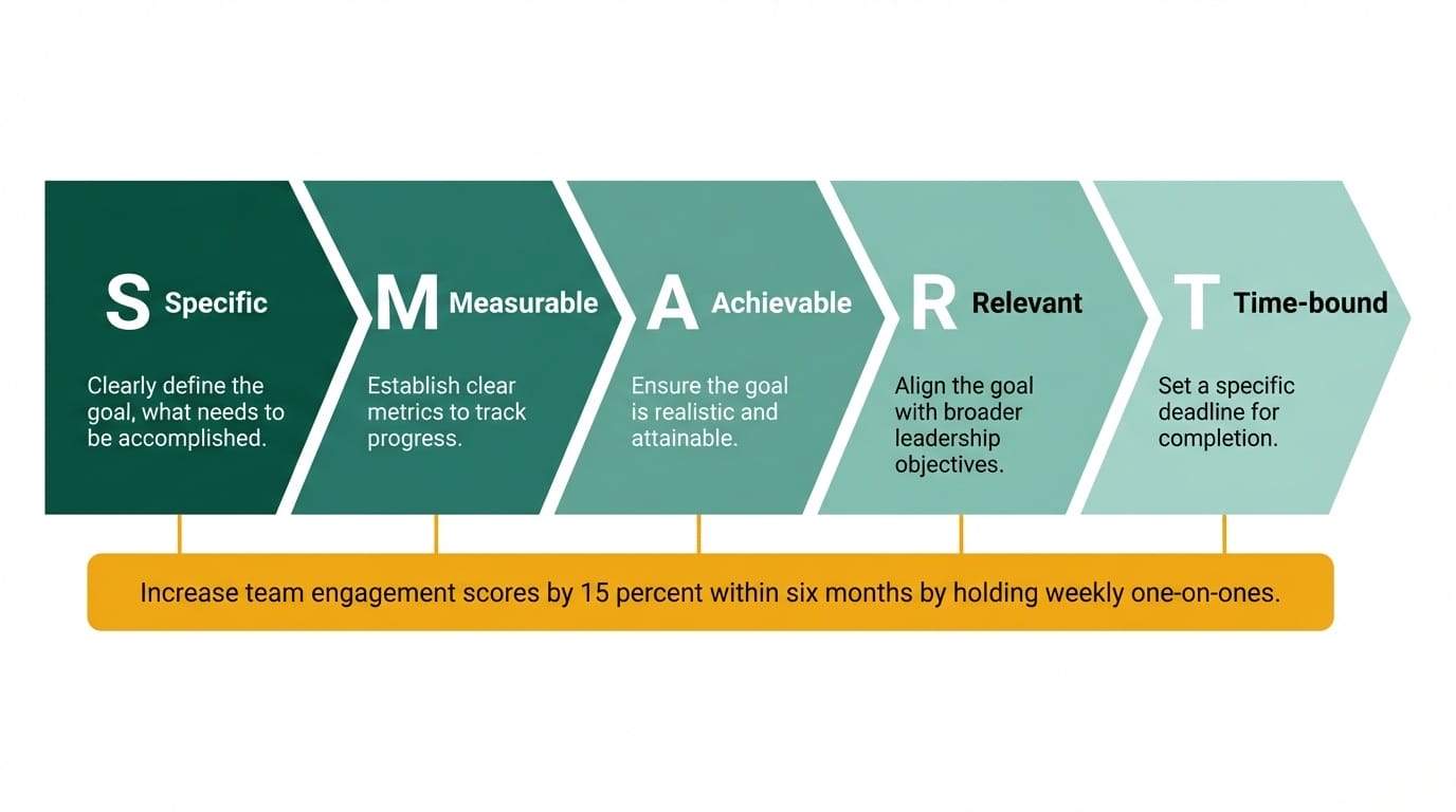 SMART goal framework diagram showing Specific, Measurable, Achievable, Relevant, and Time-bound components with a leadership development example