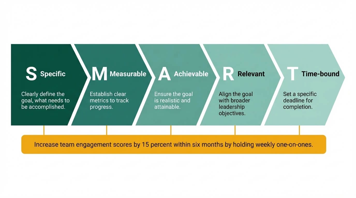 SMART goal framework diagram showing Specific, Measurable, Achievable, Relevant, and Time-bound components with a leadership development example
