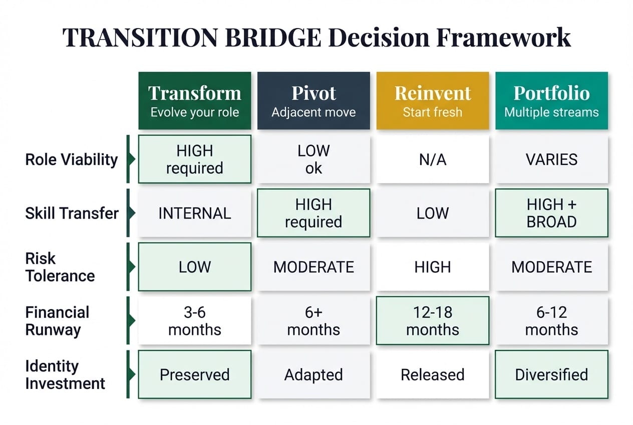 TRANSITION BRIDGE decision matrix showing five evaluation criteria mapped to four executive career paths: Transform, Pivot, Reinvent, and Portfolio