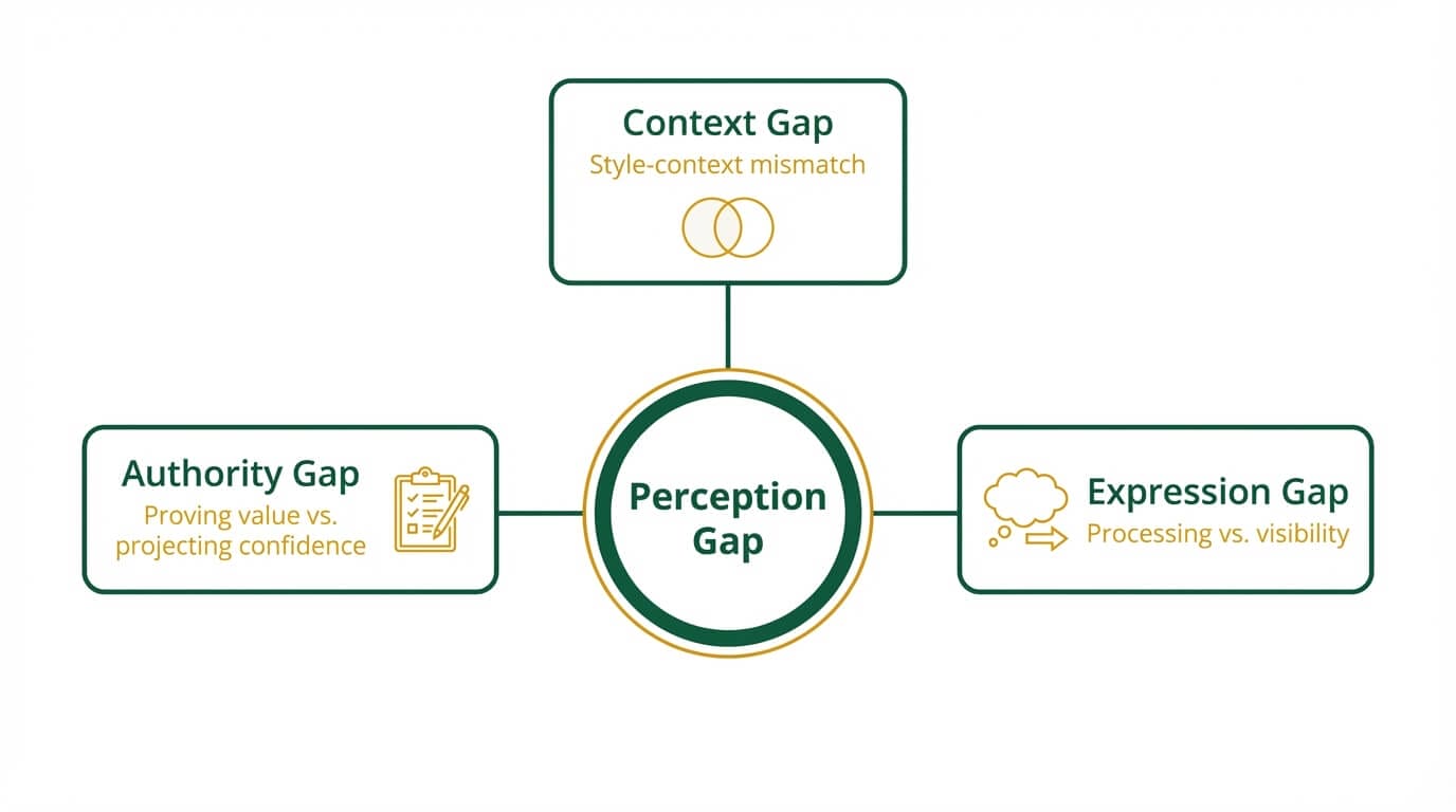The three executive presence gaps: Authority Gap, Context Gap, and Expression Gap diagnostic framework