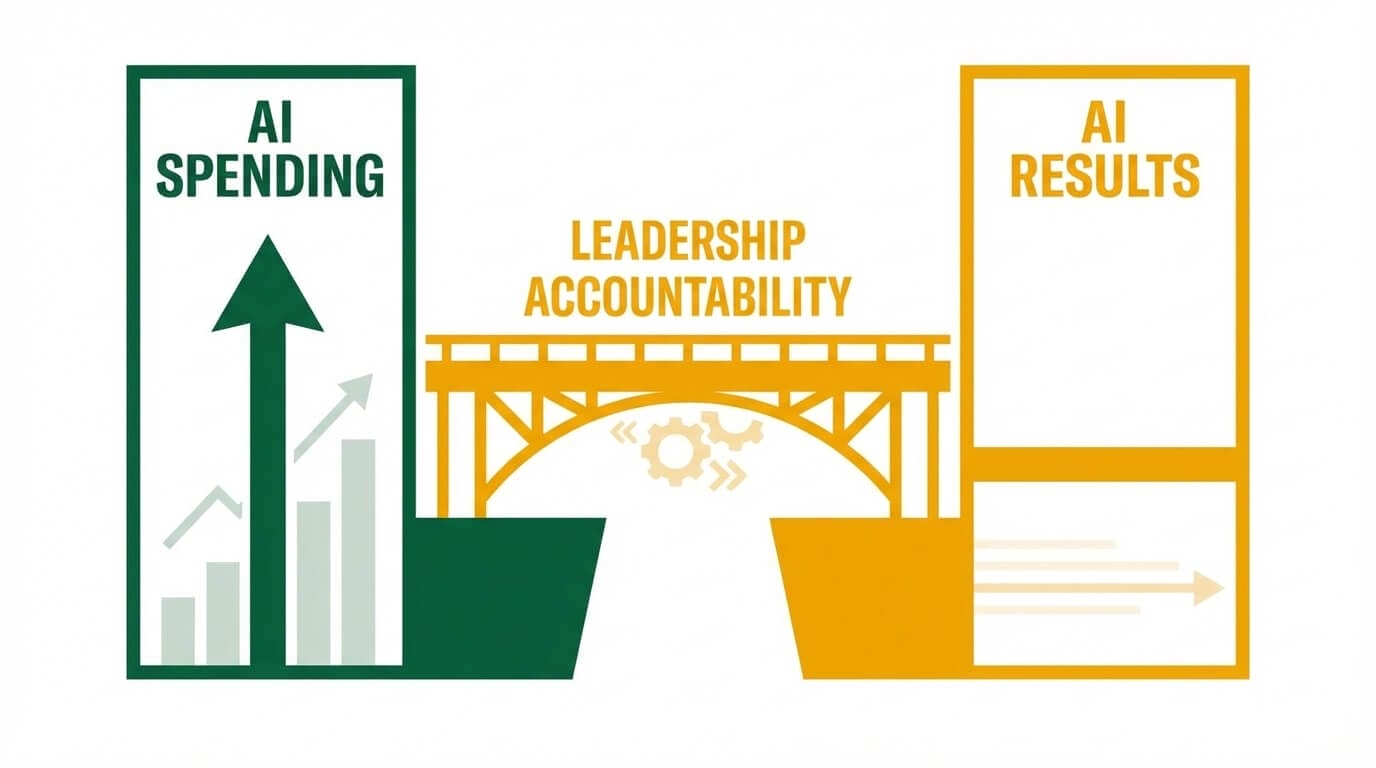 Infographic showing the gap between rising AI spending and flat AI results, bridged by leadership accountability