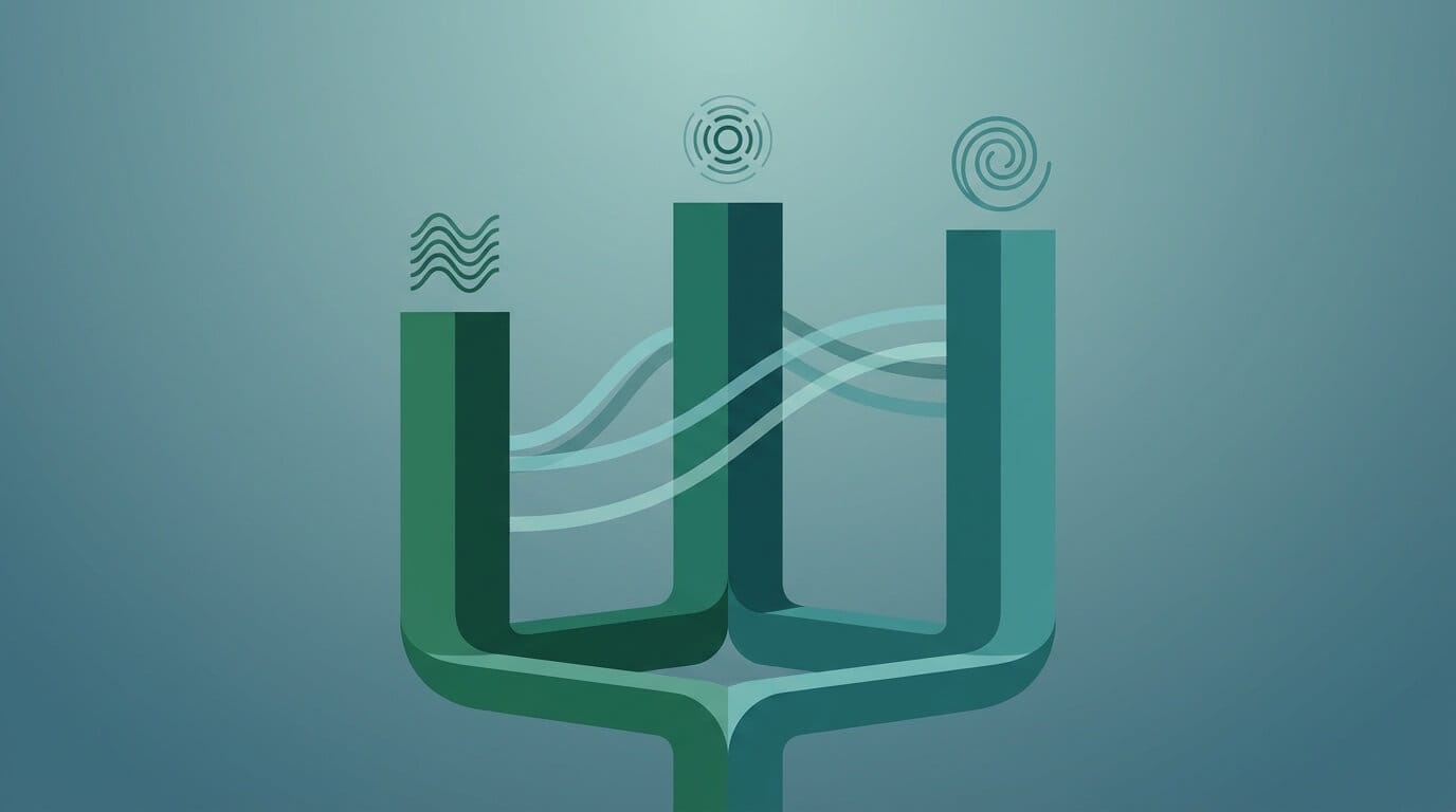 Three interconnected pillars representing the embodied capacities of coaching presence: somatic awareness, emotional attunement, and willingness to be changed, rising from a shared foundation with flowing connection lines