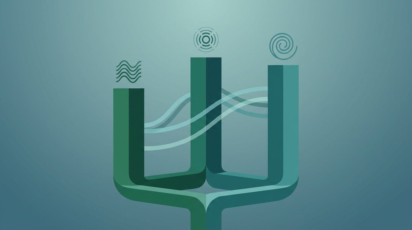 Three interconnected pillars representing the embodied capacities of coaching presence: somatic awareness, emotional attunement, and willingness to be changed, rising from a shared foundation with flowing connection lines