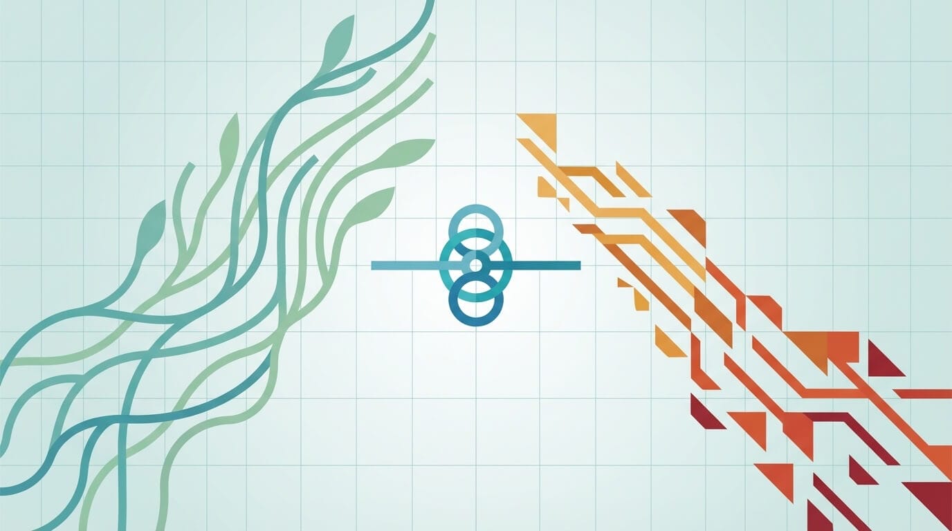 Data visualization comparing AI opportunities and costs for sustainability leaders, with upward green growth lines on the left balanced against amber risk patterns on the right around a central fulcrum
