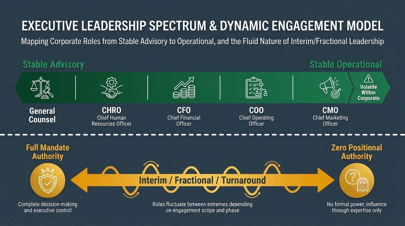 The authority spectrum showing corporate roles from stable advisory (General Counsel) through stable operational (COO) to volatile (CMO), with interim and fractional leaders oscillating outside the spectrum between full mandate authority and zero positional authority