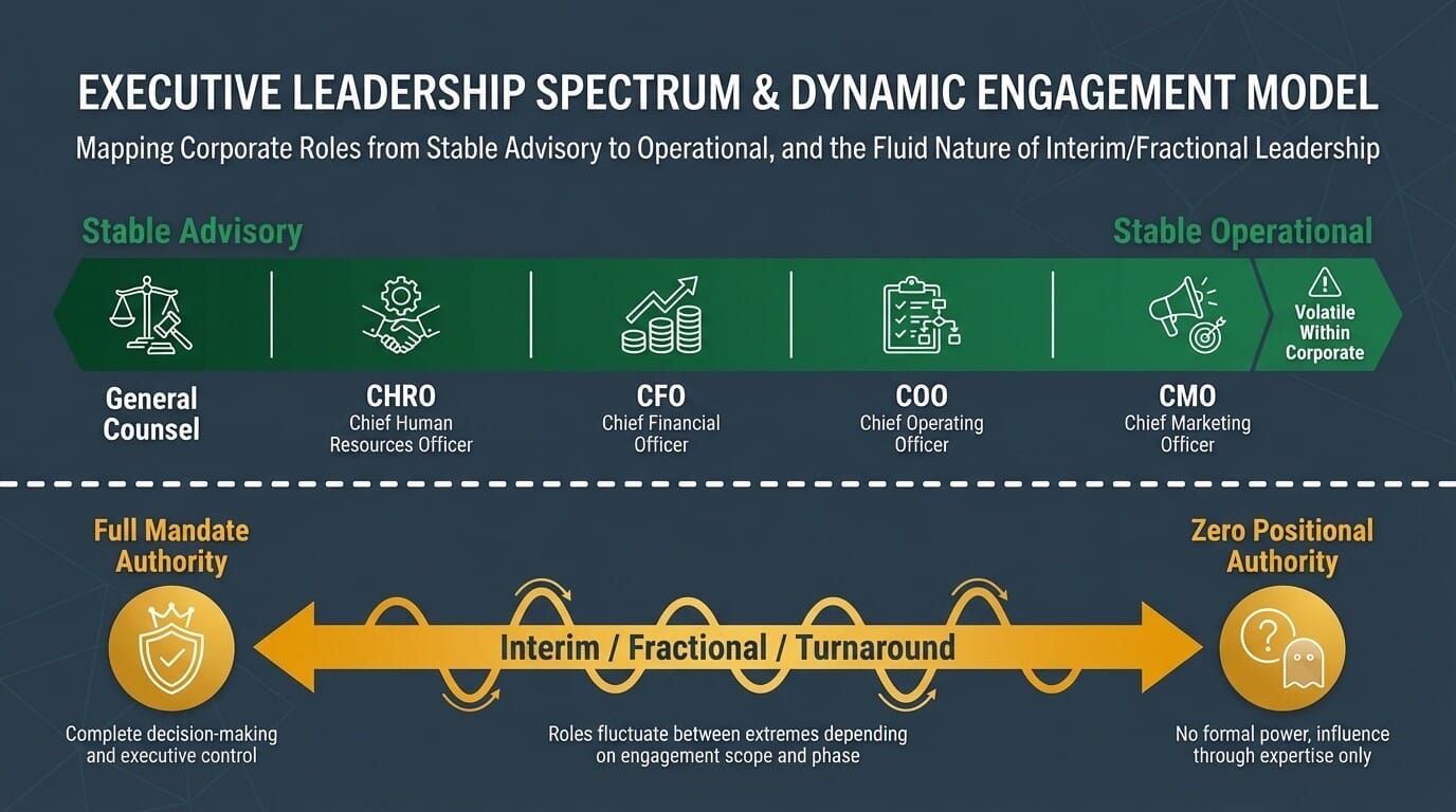 The authority spectrum showing corporate roles from stable advisory (General Counsel) through stable operational (COO) to volatile (CMO), with interim and fractional leaders oscillating outside the spectrum between full mandate authority and zero positional authority
